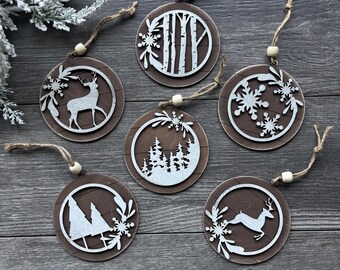 Wood Winter Ornament, Laser Cut Rustic Decor with Twine Hanger
