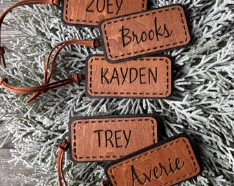 Personalized Wood Stocking Tags, Engraved Leather Look, Stitched Border, Christmas Ornament Name Tags