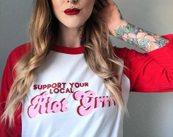 Support Your Local Riot Grrrl Red Raglan Unisex Baseball Tshirt