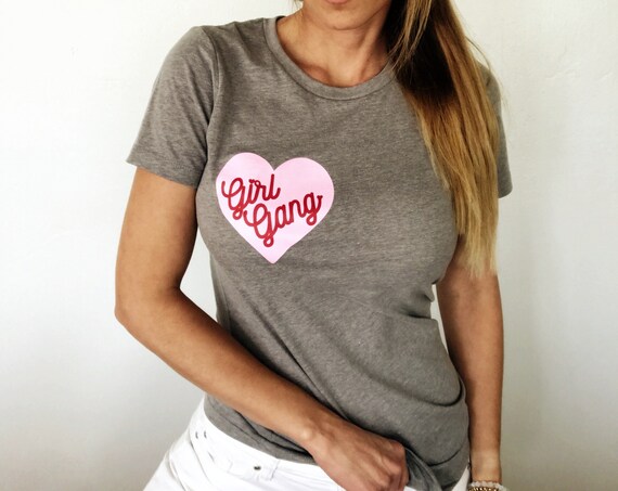 Feminist Girl Gang Pink Heart Women's Heather Gray Pocket T-Shirt