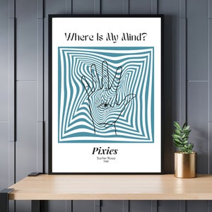 May include: A black and white poster with a blue background. The poster features a hand with an eye in the palm, surrounded by swirling lines. The text "Where Is My Mind?" is at the top of the poster, and the band name "Pixies" is at the bottom, along with the album title "Surfer Rosa" and the year "1988".