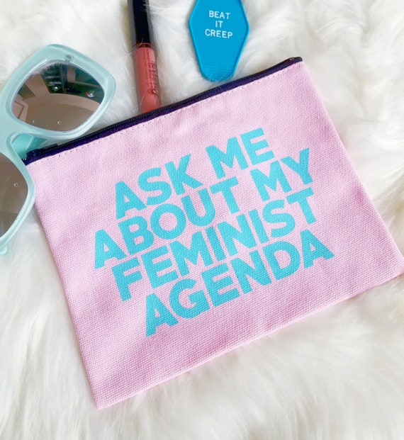 Ask Me About My Feminist Agenda Canvas Pink Blue Make Up Valentine's Galentine Bachelorette Gift Party Studio Bag