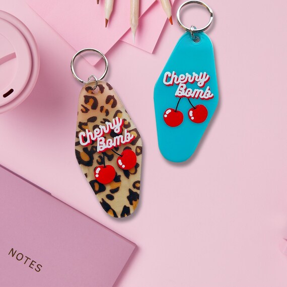 Cherry Bomb 90s Band Runaway Jett Retro Motel Keychain Acrylic Cute Cheetah Leopard Punk Cherries