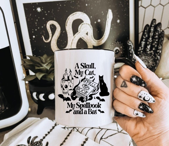 My Cat My Bat Witchy Skull Funny My Neck Witch Spell Black Mug with Color Inside