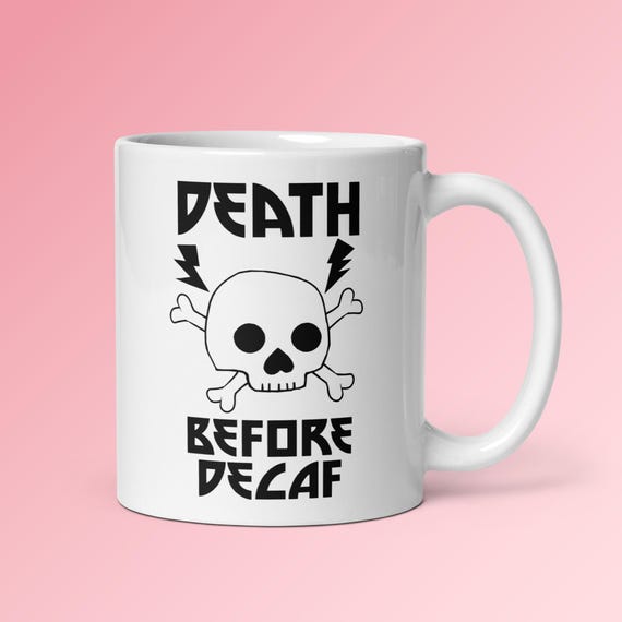 Death By Decaf Spooky Halloween Skull Coffee Espresso Cute Metal Rock Music Mug
