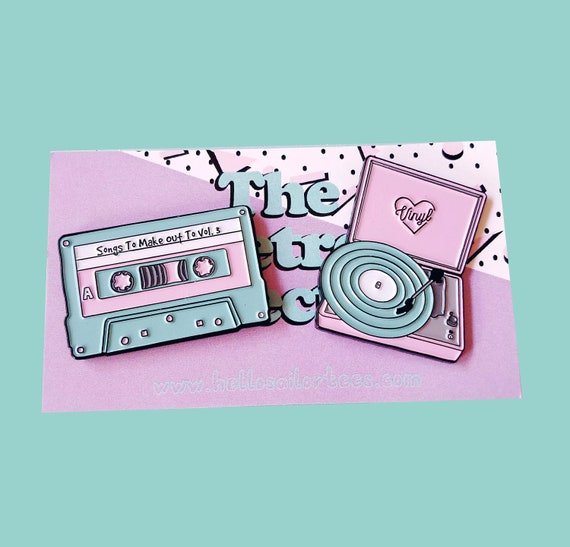 Retro Vinyl Record Player and Cassette Tape Enamel Pins Pack (2 set)