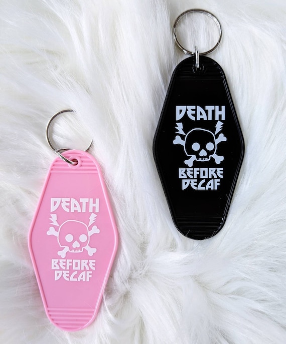 Death Before Decaf Cute Metal Skull Vintage Pink Motel Keychain