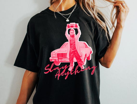 Slay Say Anything Michael Boombox Halloween Horror Slasher 80s Movie Parody Funny Pop Art Unisex t-shirt