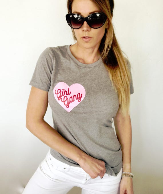 Feminist Girl Gang Pink Heart Women's Heather Gray Pocket T-Shirt