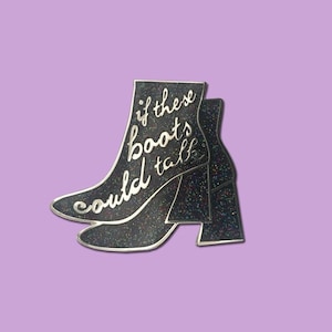 Retro 60&#39;s If These Boots Could Talk Silver Red Black Glitter Hard Enamel Pin