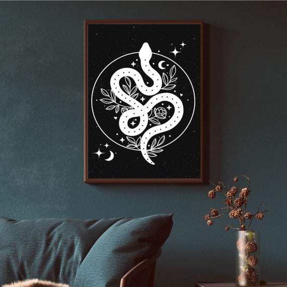 Boho Divine Feminine Witch Snake Celestial Magic Mystical Moon Stars Floral Print Vintage Aesthetic Decor Minimalist Digital Printable