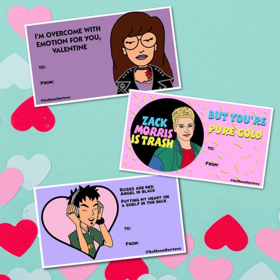 Digital Download 90's Daria Zack Morris Trent Sick Sad Funny Retro TV Valentine's Day Cards 3 Pack Pop Culture Cartoon