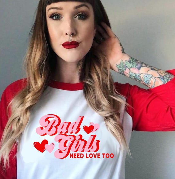 Bad Girls Need Love Too 70's Retro Valentine's Day Cupid Bachelorette Funny 3/4 sleeve raglan baseball shirt