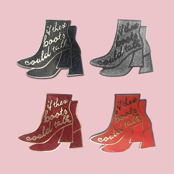 Retro 60's If These Boots Could Talk Silver Red Black Glitter Hard Enamel Pin