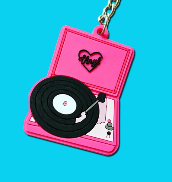 Vinyl Record Player Hot Pink Black Plastic Retro Keychain