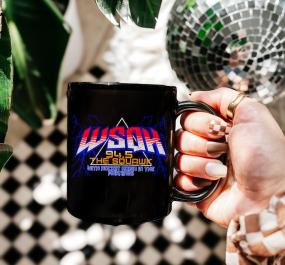 The Squawk WSQK Steve Harrington, Radio Station, Black Glossy Mug