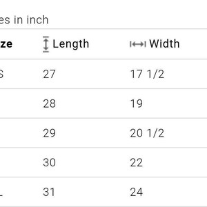 May include: Size chart showing measurements in inches for a garment. The chart lists sizes XS, S, M, L, and XL with corresponding length and width measurements.