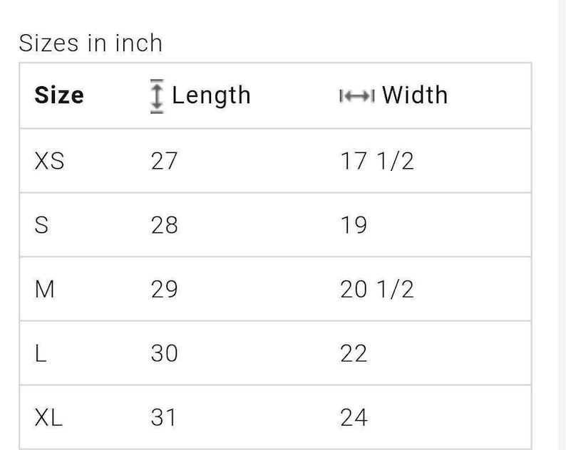 May include: Size chart showing measurements in inches for a garment. The chart lists sizes XS, S, M, L, and XL with corresponding length and width measurements.