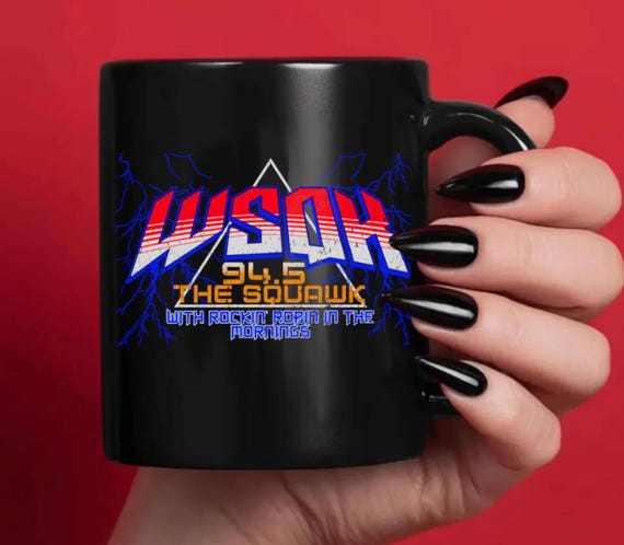 The Squawk WSQK Steve Harrington, Radio Station, Black Glossy Mug