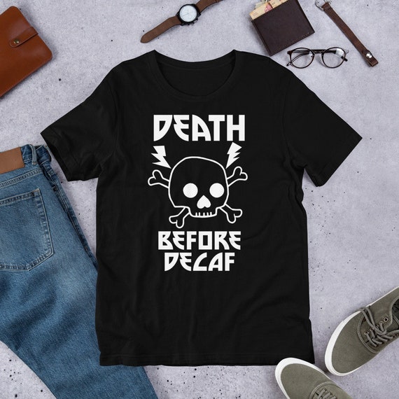 Death Before Decaf Metal Skull Lightning Tshirt