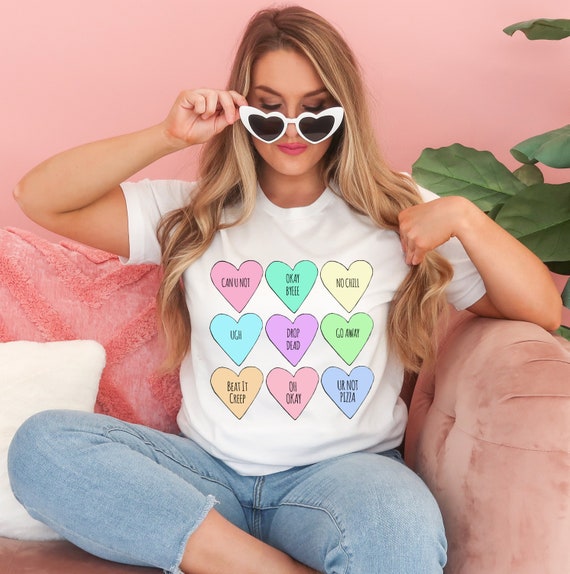 Rude Conversation Hearts Valentines Day Retro 90s 70s Feminist Cute Galentine's Day Valentine's Day Go Away Tshirt