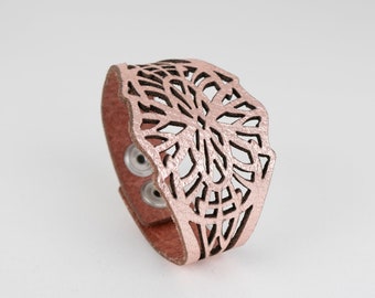 Laser Cut Leather Cuff in Metallic Colours, Statement Cuff, Art Nouveau bracelet, Leather Wristband, Geometric Bracelet, "Isadora" design