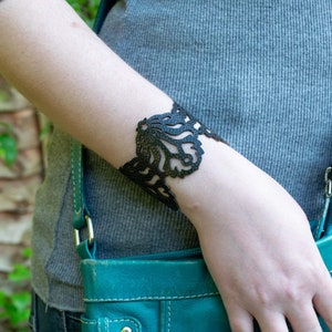 Black Leather Bracelet • Women's Wristband • Victorian Cuff • Boho Laser Cut Wrist cuff • Gift For Her • Goth Cuff • "Falling leaves" Design