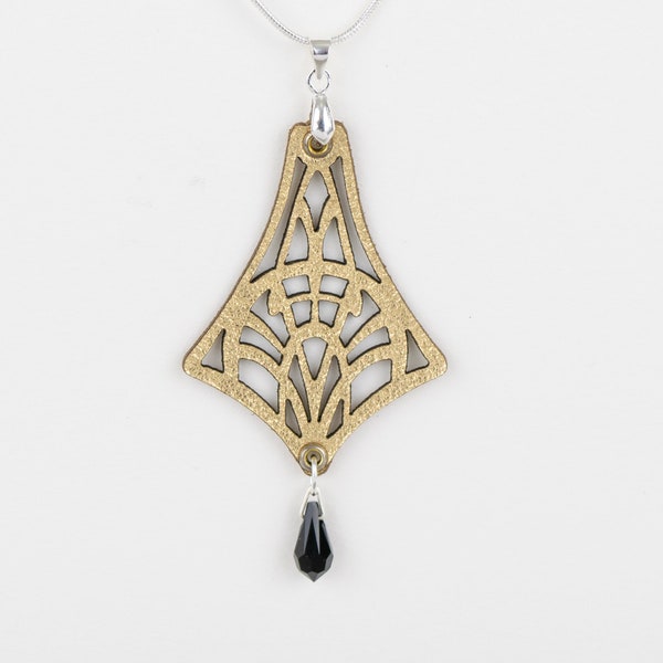 Laser Cut Leather Pendant With Crystal • Metallic Leather • Cut Out Necklace • Art Nouveau Pendant • Leather Jewellery • "Isadora" Design