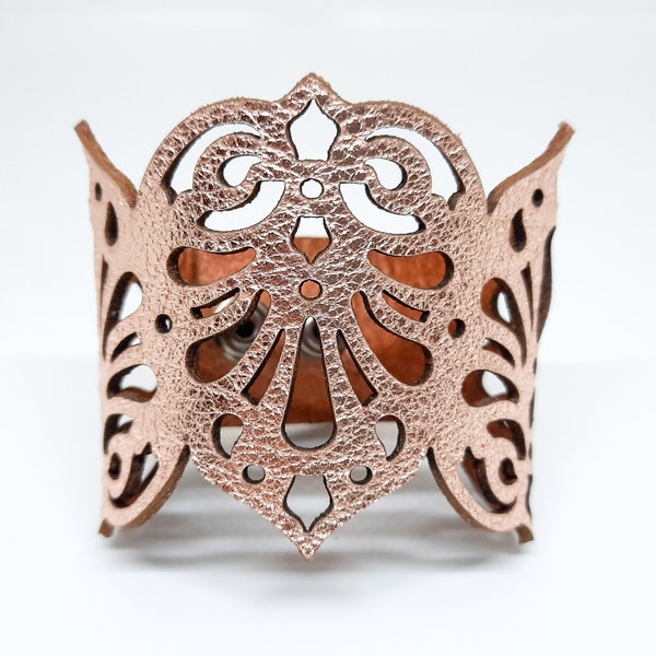 Rose Gold Leather Cuff  Laser Cut Statement  Bracelet Wristband Victorian Steampunk Unique Gift For Her Artistic Bohemian "Teardrops" Design