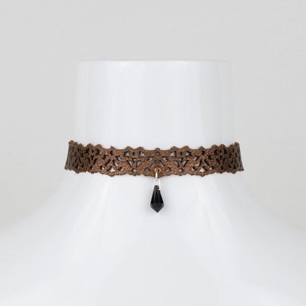Leather Lace Choker With Crystal In Metallic Colours • Laser Cut Jewellery • Victorian Lace Choker • Rose Gold Silver Bronze Leather Choker