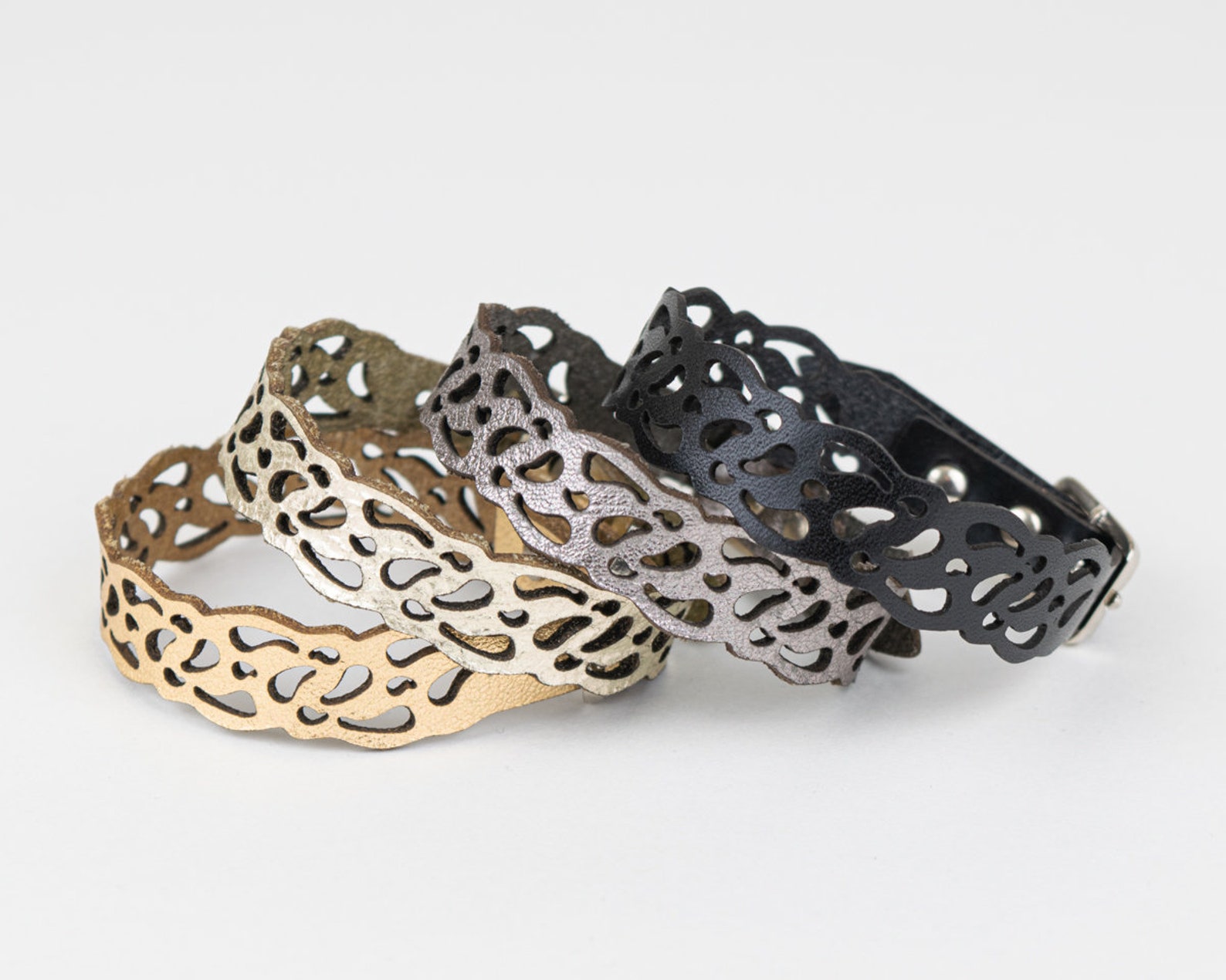 Leather Laser Cut Bracelet Black Thin Bracelet Gold Leather Etsy