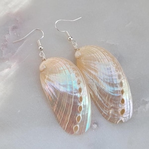 Real Natural Pearlized Polished White Abalone Shell Seashell Rainbow Hue Disk Ocean Beach Island Mermaid Summer Silver Dangle Earrings 2.5&quot;
