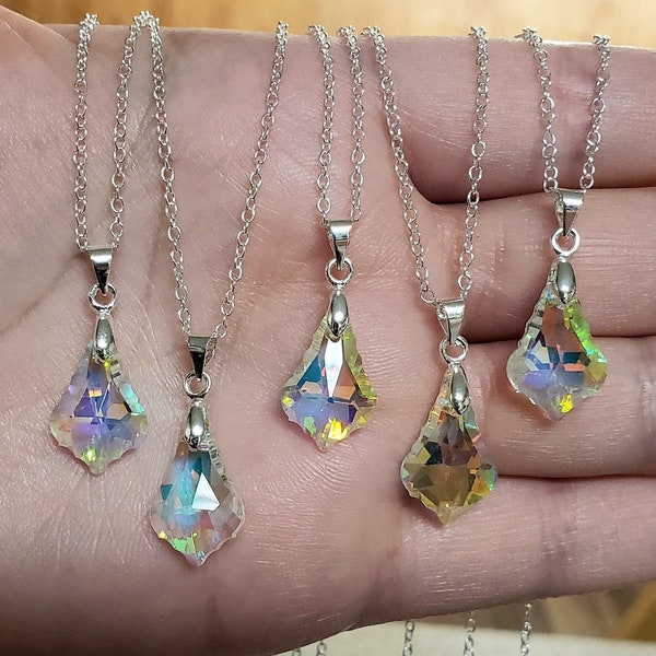 Gorgeous Sparkling Iridescent Swarovski Crystal Teardrop Winter Aura Quartz Magical Rainbow Pastel Wedding 925 Silver Charm Necklace 18"