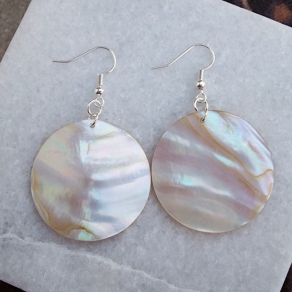 Real Natural Rainbow Shiny White Tan Abalone Shell Seashell Disk Ocean Beach Mermaid Pearl Wave Island Summer Silver Dangle Earrings 2.2"