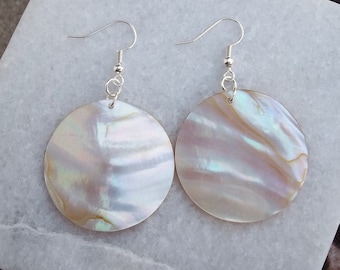 Real Natural Rainbow Shiny White Tan Abalone Shell Seashell Disk Ocean Beach Mermaid Pearl Wave Island Summer Silver Dangle Earrings 2.2"