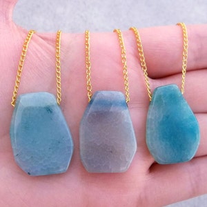 Real Natural Ocean Blue Raw Polished Dragon Vein Agate Gemstone Slice Nugget Stone Healing Floating Bohemian Wicca Gold Pendant Necklace 18"