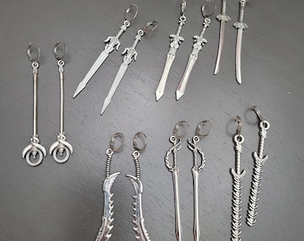 Dark Silver Sword Dangle Earrings, Edgy Gothic Jewelry