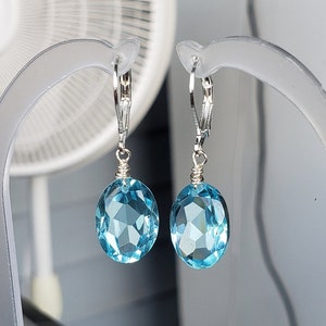 Real Natural Diamond Cut Ocean Swiss Blue Topaz Gemstone Stone Birthstone Classy Wedding Dainty 925 Silver Dangle Earrings 1.6"