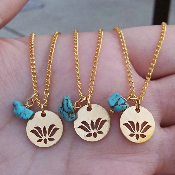 Real Natural Blue Turquoise Gemstone Stone Lotus Flower Boho Spiritual Buddhist Buddhism Buddha Egyptian Coin Gold Charm Necklace 18"