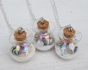 Real Natural Tiny Seashell Shell Beach In A Bottle Glass Iridescent Aura Shine Jar Novelty Gift Ocean Island Summer Silver Charm Necklace