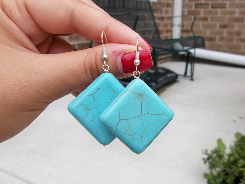 Real Natural Triangle Diamond Shaped Blue Turquoise Gemstone Stone Rock Retro Vintage Bohemian Simple Silver Drop Dangle Earrings 2.3