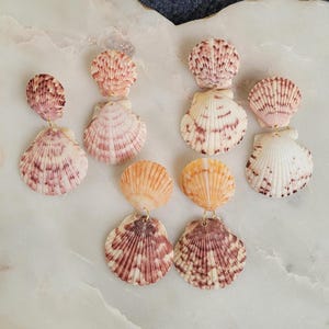 Naturalna muszla morska z Florydy, przegrzebek, wyrazisty styl, plaża, ocean, tropikalny, nadmorski, boho, boho, kolczyki, złote, wiszące, 3 cale
