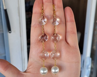 Real Natural Diamond Cut Crystal White Glass Pearl Link Chandelier Retro Art Deco Classy Statement Tassel Long Dangle Earrings 4"
