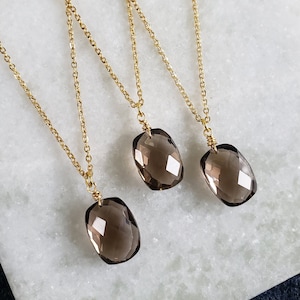 Real Natural Sparkling Chocolate Brown Oval Diamond Cut Smoky Topaz Gemstone Quartz Crystal Stone Jewelry Gold Charm Necklace 18&quot;