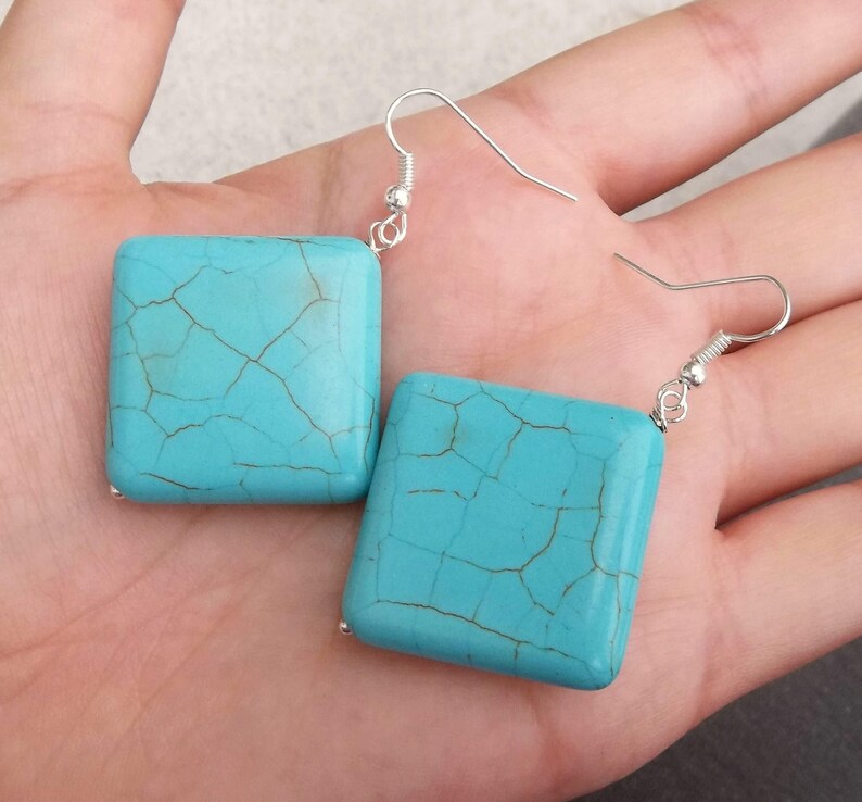 Real Natural Triangle Diamond Shaped Blue Turquoise Gemstone Stone Rock Retro Vintage Bohemian Simple Silver Drop Dangle Earrings 2.3