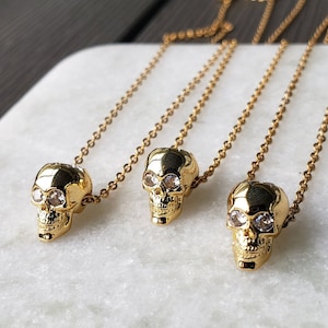 Edgy Punk Rock Goth Gothic Pirate Island Floating Cubic Zirconia 18k Gold Plated Tiny Skull Charm Necklace 18&quot;