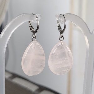 Real Natural Light Pale Pink Rose Quartz Gemstone Stone Teardrop Drop Hippie Boho Bohemian Birthstone Dark Silver Dangle Earrings 1.5&quot;