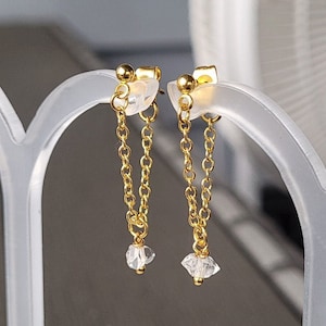 Real Natural Clear Herkimer Diamond Gemstone Charm Minimalist Minimalistic Trendy Danity Tiny Gold Dangle Ball Chain Stud Earrings