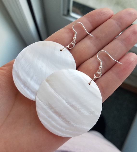 Real Natural White Shine Hue Abalone Shell Seashell Mother of Pearl Circle Disk Beach Ocean Boho Island Summer Silver Dangle Earrings 2 Etsy
