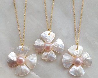 Real Natural White Mother Of Pearl Pink Freshwater Pearl Shell Wrapped Beach Wedding Ocean Mermaid Floral Flower Gold Pendant Necklace 18"